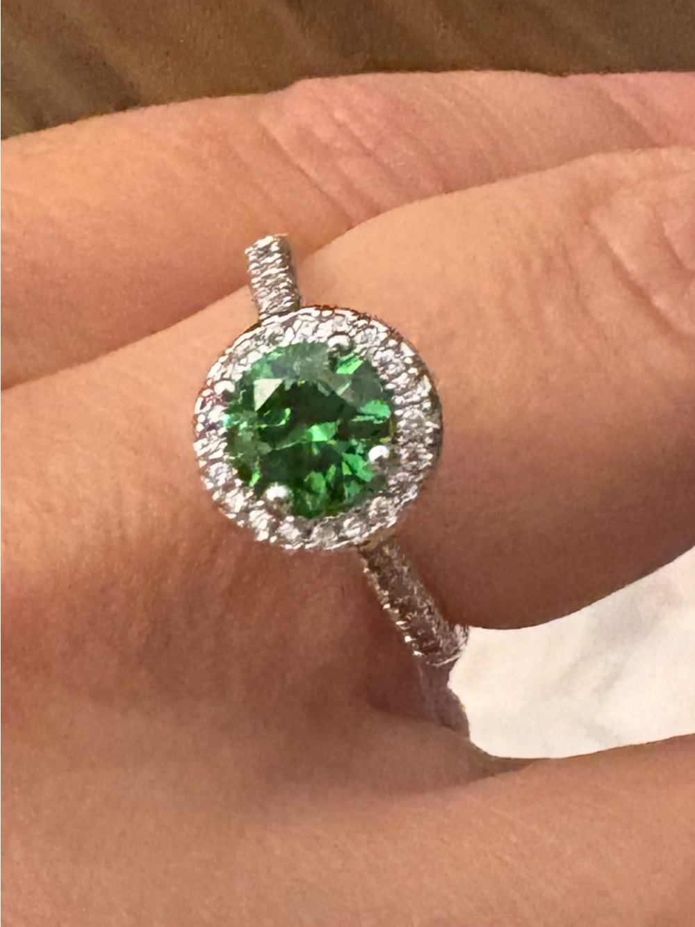 Green Halo Solitaire Ring with Pavé Band